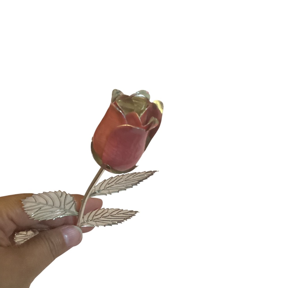 Sheridan Silver Plated Non Tarnish Pink Enameled LongStem Rose Decorative Flower - Picture 10 of 12